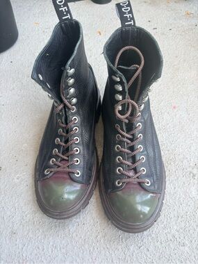 John Fluevog Black Leather Lace-Up Boots with Green Toe Caps